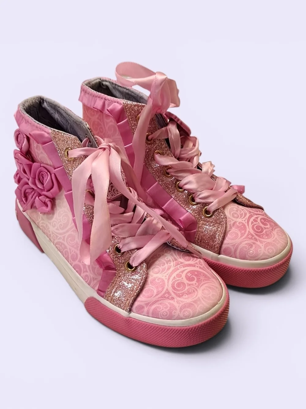 Girls' Pink Floral High-Top Sneakers with Satin Ribbon Laces